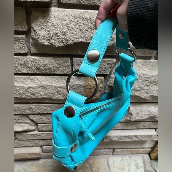 Vintage KOOBA leather shoulder bag grommet purse teal blue y2k - Picture 4 of 7
